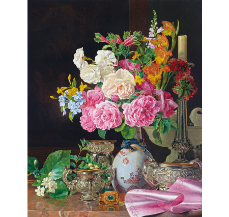 フェルディナント・ゲオルク・ヴァルトミュラー《磁器の花瓶の花、燭台、銀器》1839年、油彩・板