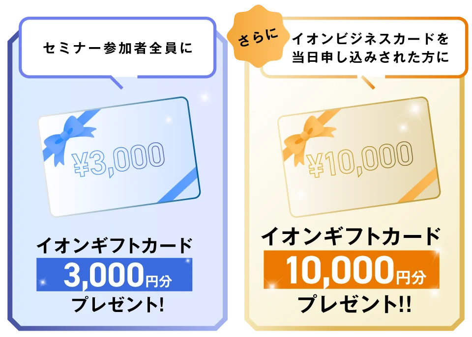 セミナー参加者全員にイオンギフトカード3,000円分プレゼント！さらにイオンビジネスカードを当日申し込みされた方にイオンギフトカード10,000円分プレゼント！！