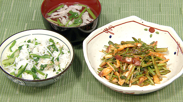 セリご飯　セリとタコのピリ辛和え　セリ豚すまし汁