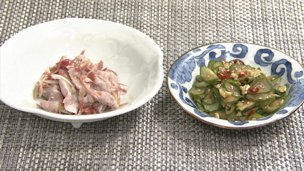 豚肉の梅みょうが和え　 きゅうりの醤油煮