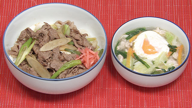 とろとろねぎのつゆだく牛丼＆金のスタミナスープ