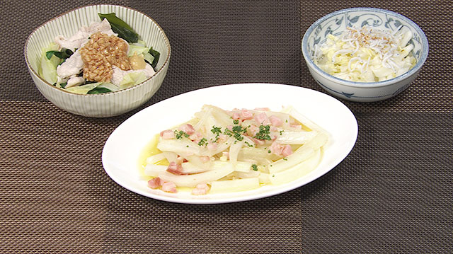 豚しゃぶ納豆 ベーコン炒め しらす和え