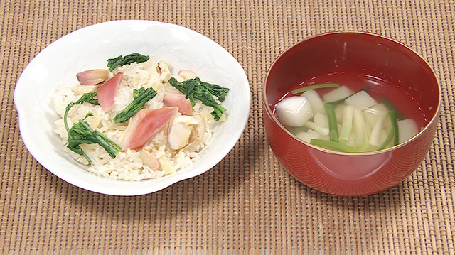 北寄貝と菜花のごはん＆アサツキのお吸い物