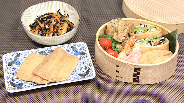 油揚げの甘辛煮　鶏とひじきの煮物→お稲荷さんと鶏の揚げ焼き弁当