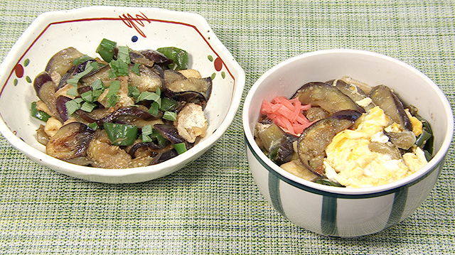 ナス炒りで卵とじ丼