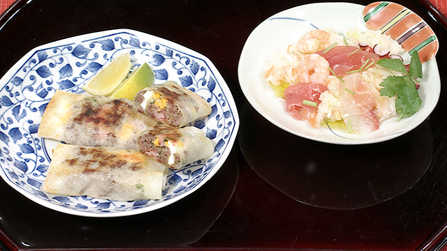 簡単肉巻きパイ 紅白なますでお刺身サラダ