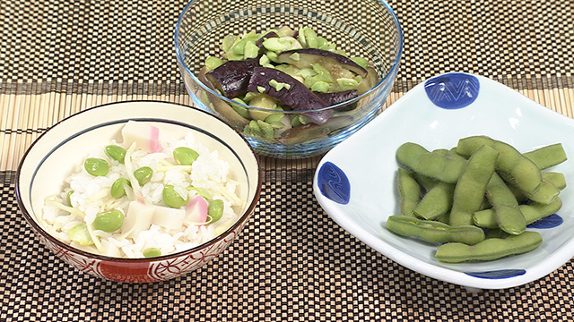 茹で枝豆・枝豆の辛子和え・枝豆の混ぜご飯