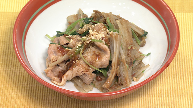 たたきごぼうと豚肉の甘味噌和え