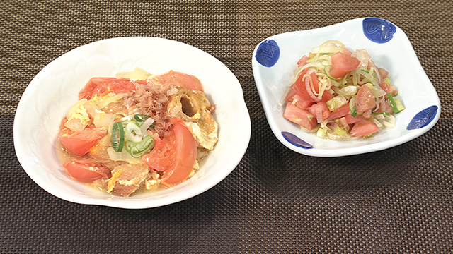 トマトとお麩のさっと煮　薬味油のトマトサラダ