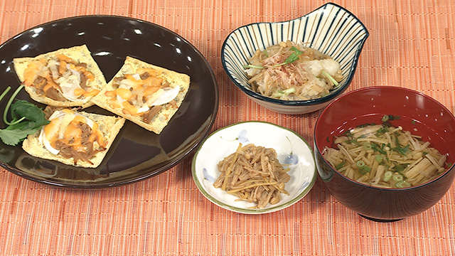 レンチンなめたけの油揚げピザ＆お吸い物＆和え物