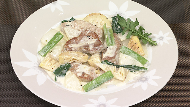 筍料理　豚肉とタケノコのソテー　クリームソース