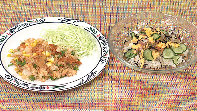 惣菜の混ぜご飯　メンチカツのピラフ風＆ひじきのちらし寿司