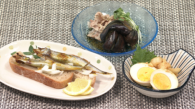 焼き魚マリネ・しょうゆ漬けナス・味噌漬けの玉ねぎと卵