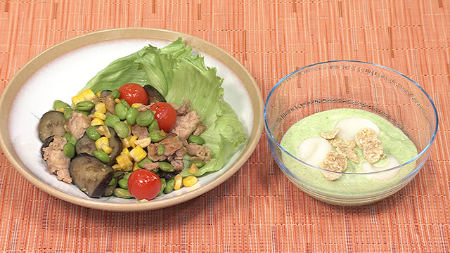 枝豆と豚肉の五目炒め　ずんだ白玉