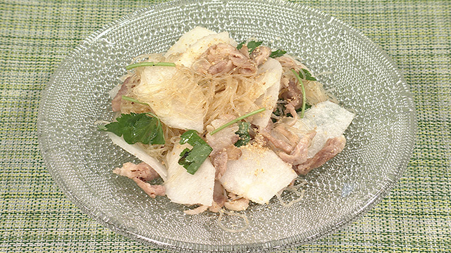 梨と豚肉炒めのごま和え 梨と葛切りのデザート